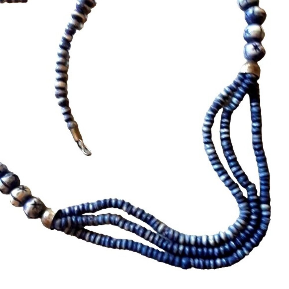 Vintage Ceramic Carved Bead Necklace Navy Graduated Strand Necklace Wearable Art